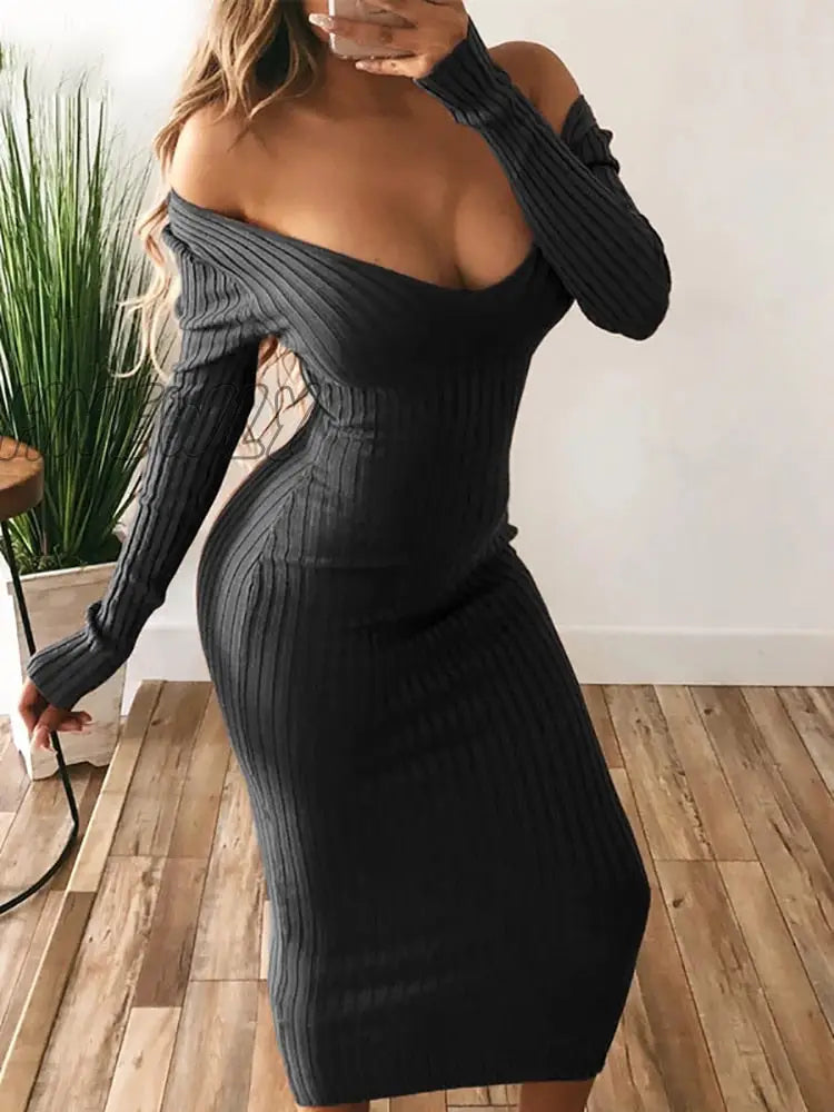 xsrrr Winter Sexy Bodycon Midi Woman Dress Knitted Long Sleeve V Neck Party Elegant Robe Women's Dresses Trendy Christmas Outfits