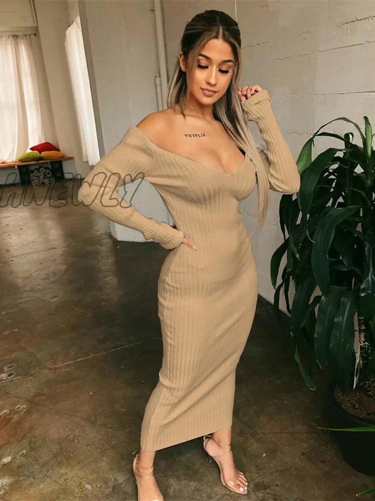 xsrrr Winter Sexy Bodycon Midi Woman Dress Knitted Long Sleeve V Neck Party Elegant Robe Women's Dresses Trendy Christmas Outfits