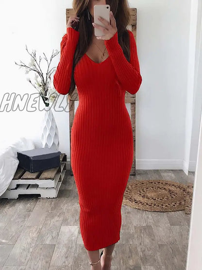 xsrrr Winter Sexy Bodycon Midi Woman Dress Knitted Long Sleeve V Neck Party Elegant Robe Women's Dresses Trendy Christmas Outfits