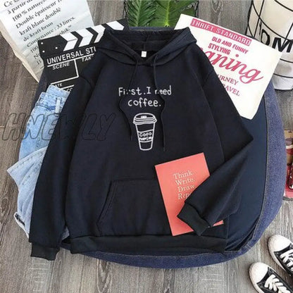 Hnewly Winter Street Style Autumn Winter Women Harajuku Hoodies First I Need Coffee Letter Sweatshirt Long Sleeve Turtleneck Fleece Girls Pullover