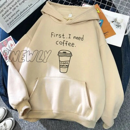 Hnewly Winter Street Style Autumn Winter Women Harajuku Hoodies First I Need Coffee Letter Sweatshirt Long Sleeve Turtleneck Fleece Girls Pullover