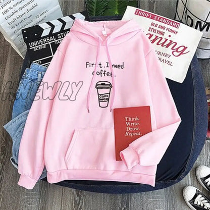 Hnewly Winter Street Style Autumn Winter Women Harajuku Hoodies First I Need Coffee Letter Sweatshirt Long Sleeve Turtleneck Fleece Girls Pullover