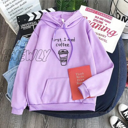 Hnewly Winter Street Style Autumn Winter Women Harajuku Hoodies First I Need Coffee Letter Sweatshirt Long Sleeve Turtleneck Fleece Girls Pullover