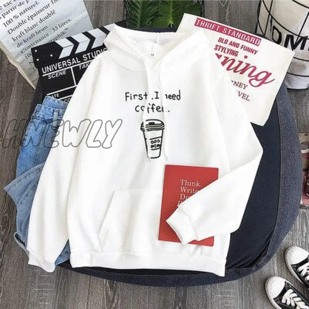 Hnewly Winter Street Style Autumn Winter Women Harajuku Hoodies First I Need Coffee Letter Sweatshirt Long Sleeve Turtleneck Fleece Girls Pullover