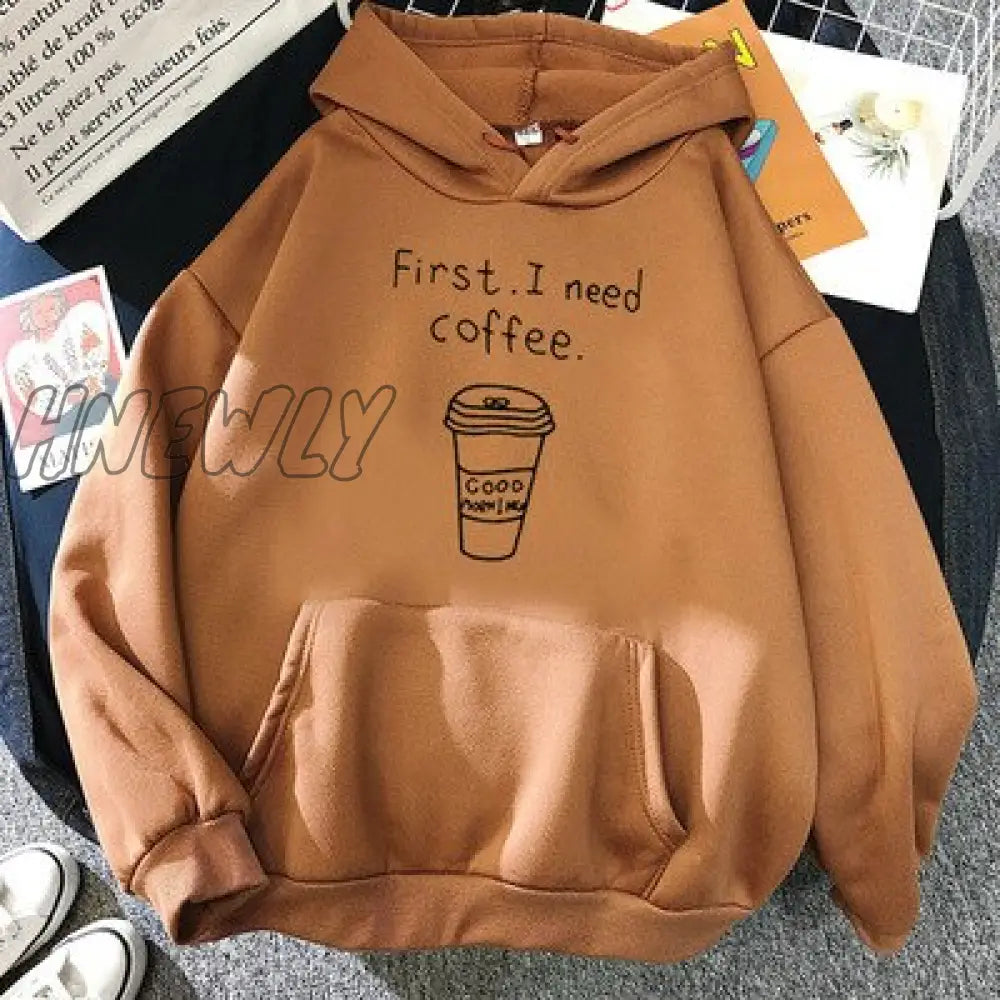 Hnewly Winter Street Style Autumn Winter Women Harajuku Hoodies First I Need Coffee Letter Sweatshirt Long Sleeve Turtleneck Fleece Girls Pullover