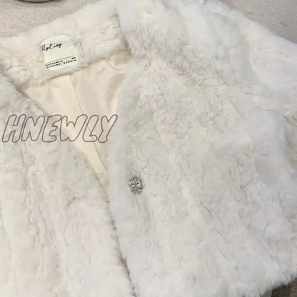 Hnewly Winter White Lamb Wool Crop Tops Women Korean Elegant Long Sleeve Plush Coat Ladies Fashion Party V-Neck Faux Fur Jackets