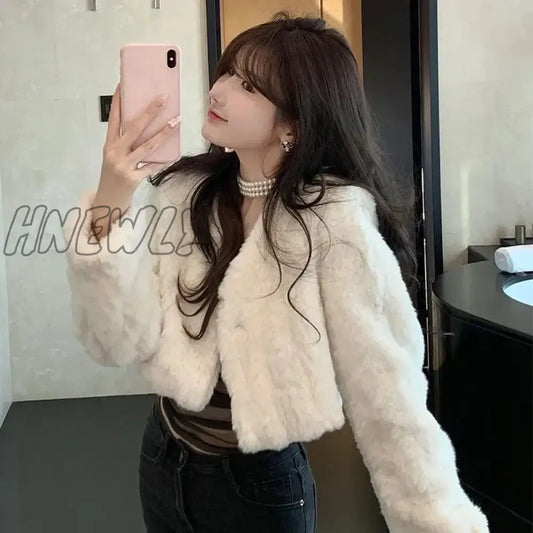 Hnewly Winter White Lamb Wool Crop Tops Women Korean Elegant Long Sleeve Plush Coat Ladies Fashion Party V-Neck Faux Fur Jackets