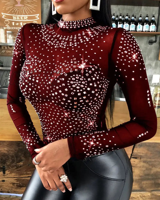 xsrrr Woman Tshirts Studded Long Sleeve Bodysuit Sexy Mesh Tops Autumn Best Seller Aesthetic T-shirt Fashion Street Women Clothing