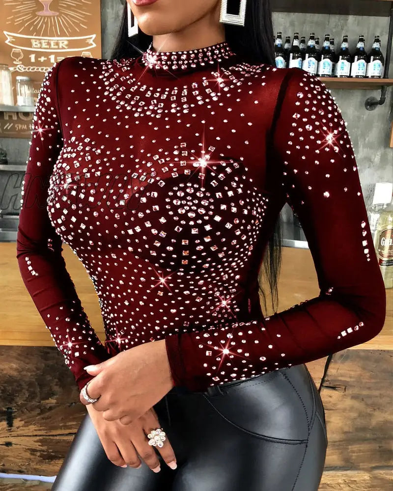 xsrrr Woman Tshirts Studded Long Sleeve Bodysuit Sexy Mesh Tops Autumn Best Seller Aesthetic T-shirt Fashion Street Women Clothing