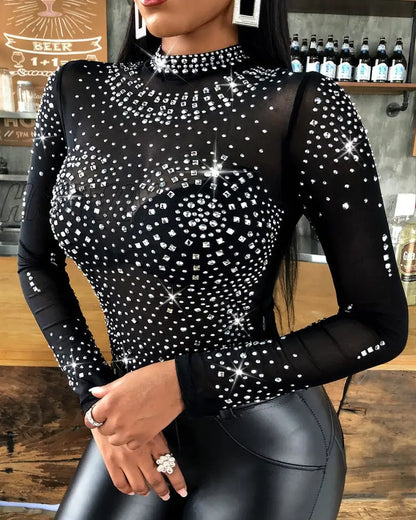 xsrrr Woman Tshirts Studded Long Sleeve Bodysuit Sexy Mesh Tops Autumn Best Seller Aesthetic T-shirt Fashion Street Women Clothing