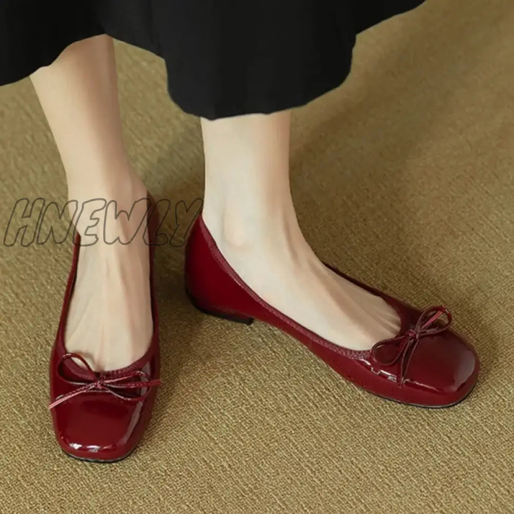 Hnewly Woman's Flats Patent Leather Ballet Flats Bowtie Boat Shoes Low Heels Slip on Flat Shoes Woman Black Loafers Spring Autumn