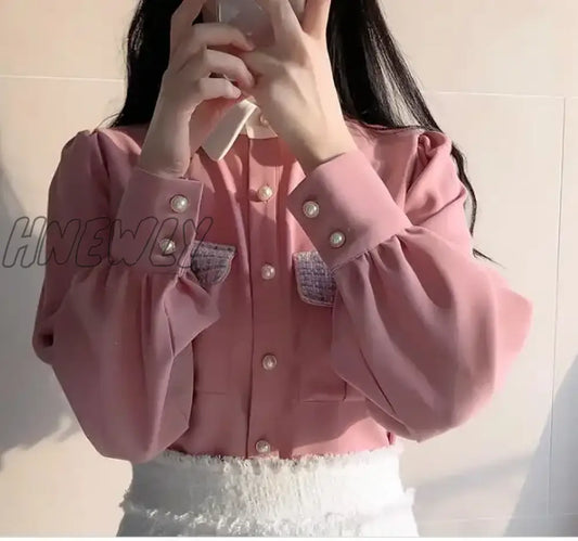 xsrrr Women 2024 Cute Sweet Tops Pink Korean Japanese Style Design Pockets Long Sleeve Elegant Formal White Button Shirt 3520