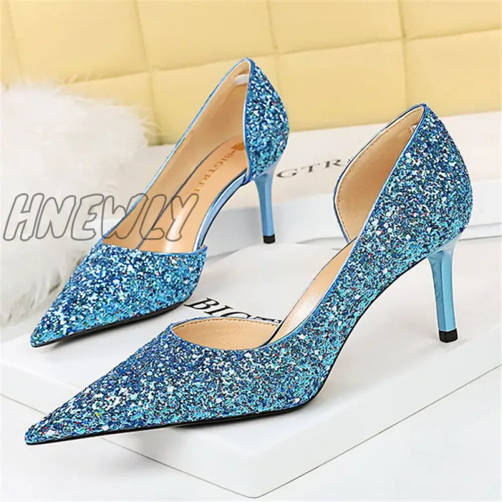 xsrrr Women 7cm 10.5cm Super High Heels Blue Gold Pumps Sexy Sequins Bling Low Heels Lady Scarpins Luxury Stiletto Sparkly Party Shoes