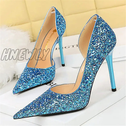 xsrrr Women 7cm 10.5cm Super High Heels Blue Gold Pumps Sexy Sequins Bling Low Heels Lady Scarpins Luxury Stiletto Sparkly Party Shoes