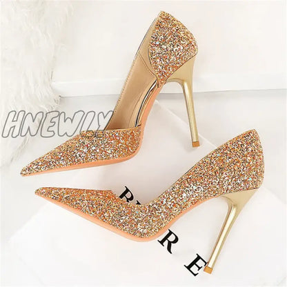 xsrrr Women 7cm 10.5cm Super High Heels Blue Gold Pumps Sexy Sequins Bling Low Heels Lady Scarpins Luxury Stiletto Sparkly Party Shoes