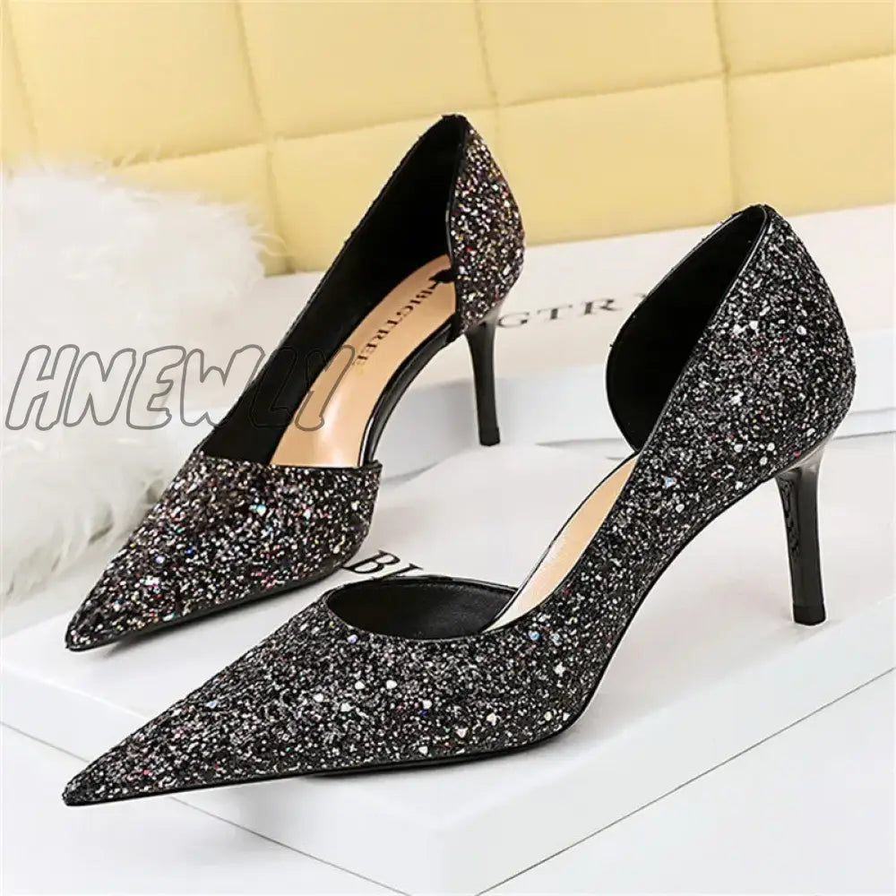 xsrrr Women 7cm 10.5cm Super High Heels Blue Gold Pumps Sexy Sequins Bling Low Heels Lady Scarpins Luxury Stiletto Sparkly Party Shoes