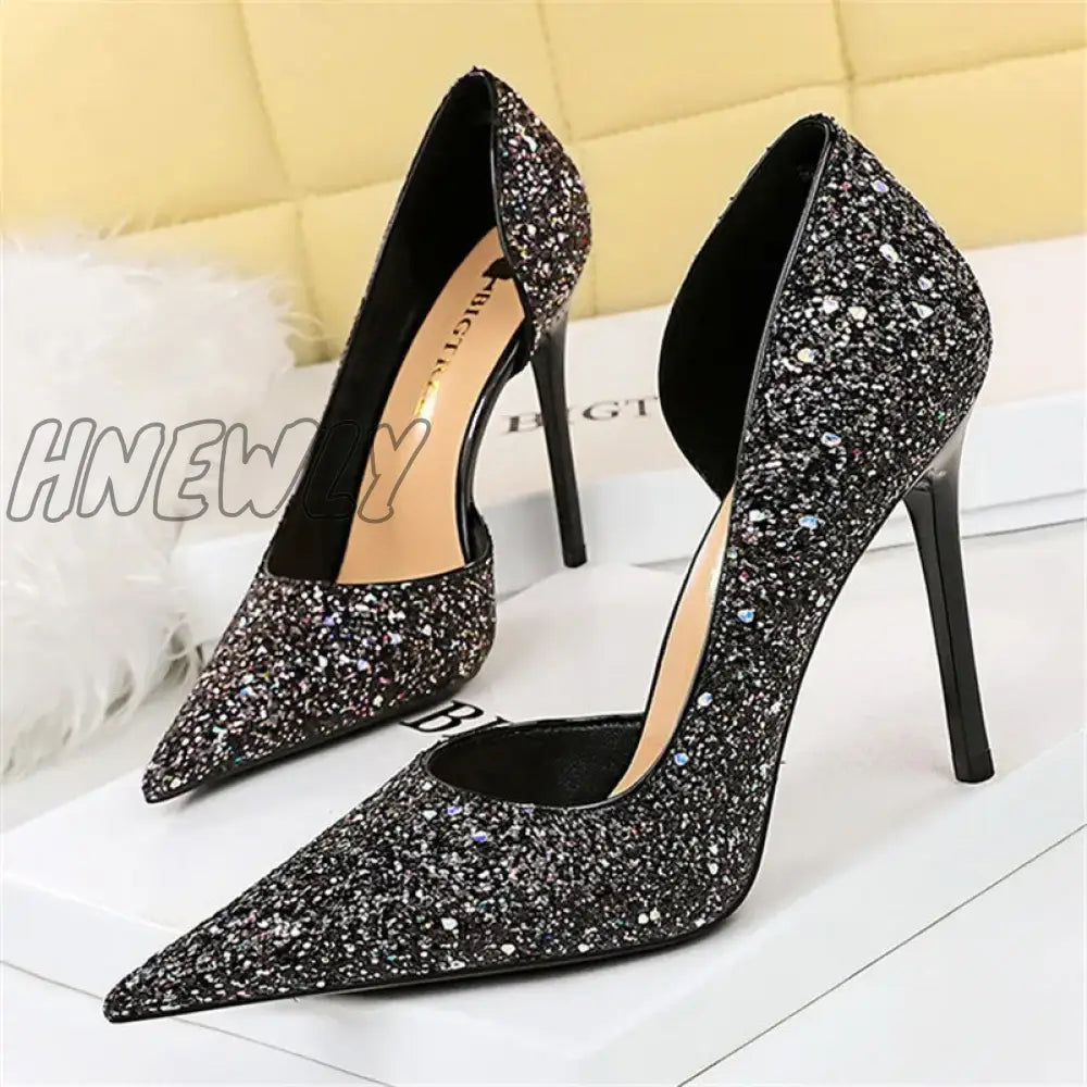 xsrrr Women 7cm 10.5cm Super High Heels Blue Gold Pumps Sexy Sequins Bling Low Heels Lady Scarpins Luxury Stiletto Sparkly Party Shoes