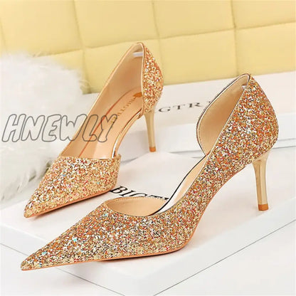 xsrrr Women 7cm 10.5cm Super High Heels Blue Gold Pumps Sexy Sequins Bling Low Heels Lady Scarpins Luxury Stiletto Sparkly Party Shoes