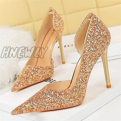 xsrrr Women 7cm 10.5cm Super High Heels Blue Gold Pumps Sexy Sequins Bling Low Heels Lady Scarpins Luxury Stiletto Sparkly Party Shoes