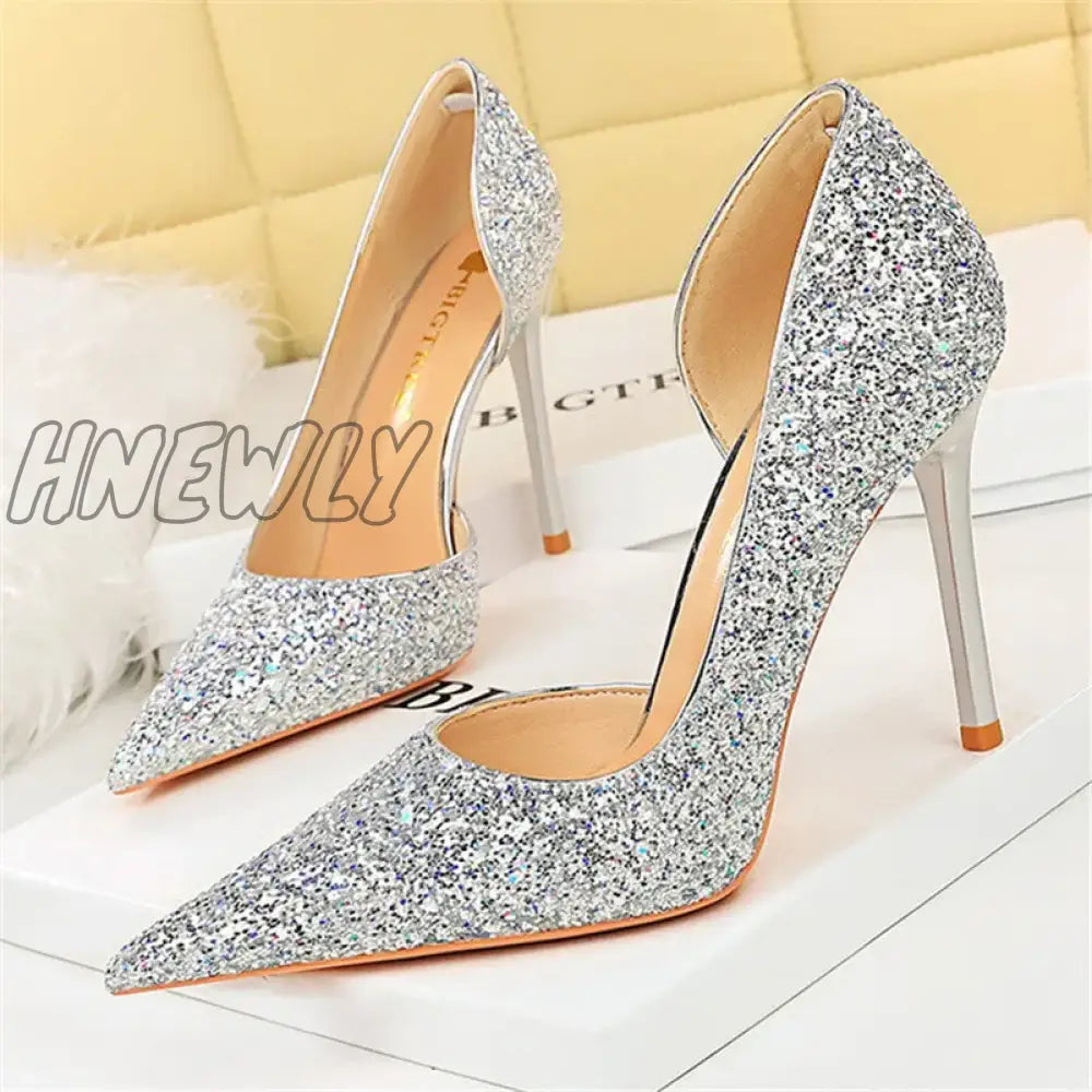 xsrrr Women 7cm 10.5cm Super High Heels Blue Gold Pumps Sexy Sequins Bling Low Heels Lady Scarpins Luxury Stiletto Sparkly Party Shoes