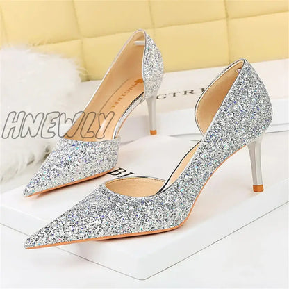 xsrrr Women 7cm 10.5cm Super High Heels Blue Gold Pumps Sexy Sequins Bling Low Heels Lady Scarpins Luxury Stiletto Sparkly Party Shoes