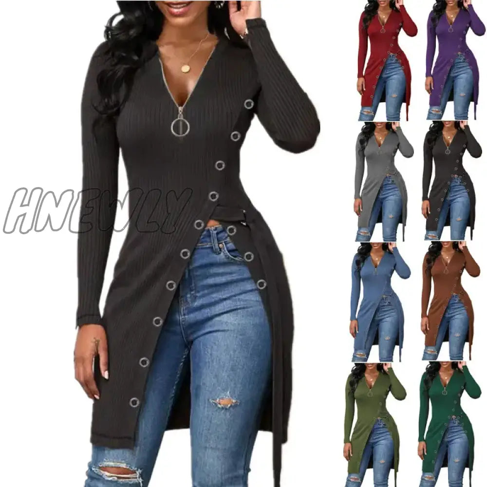 xsrrr Women Asymmetrical Long Thread Knitted T-shirts Casual V Neck Zip Long Sleeve Side Split Slim Tee Tops Streetwear