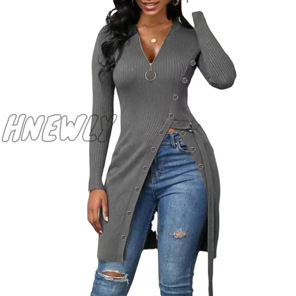 xsrrr Women Asymmetrical Long Thread Knitted T-shirts Casual V Neck Zip Long Sleeve Side Split Slim Tee Tops Streetwear