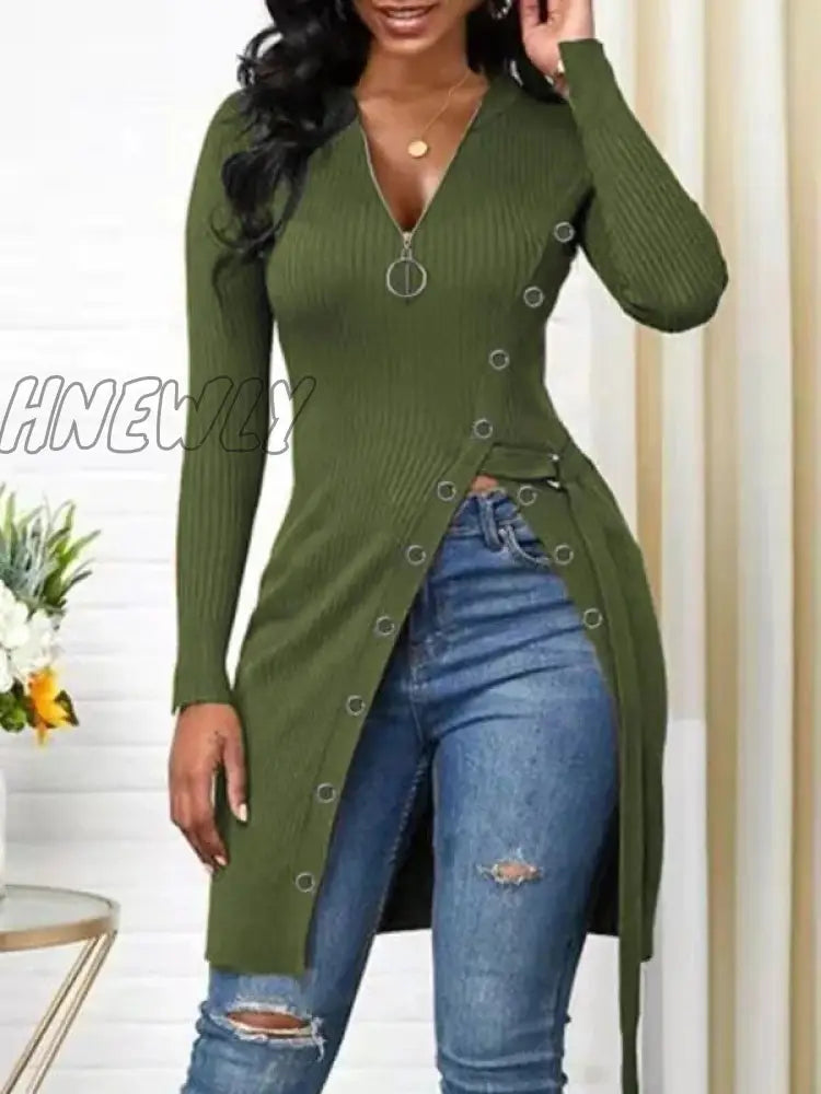 xsrrr Women Asymmetrical Long Thread Knitted T-shirts Casual V Neck Zip Long Sleeve Side Split Slim Tee Tops Streetwear