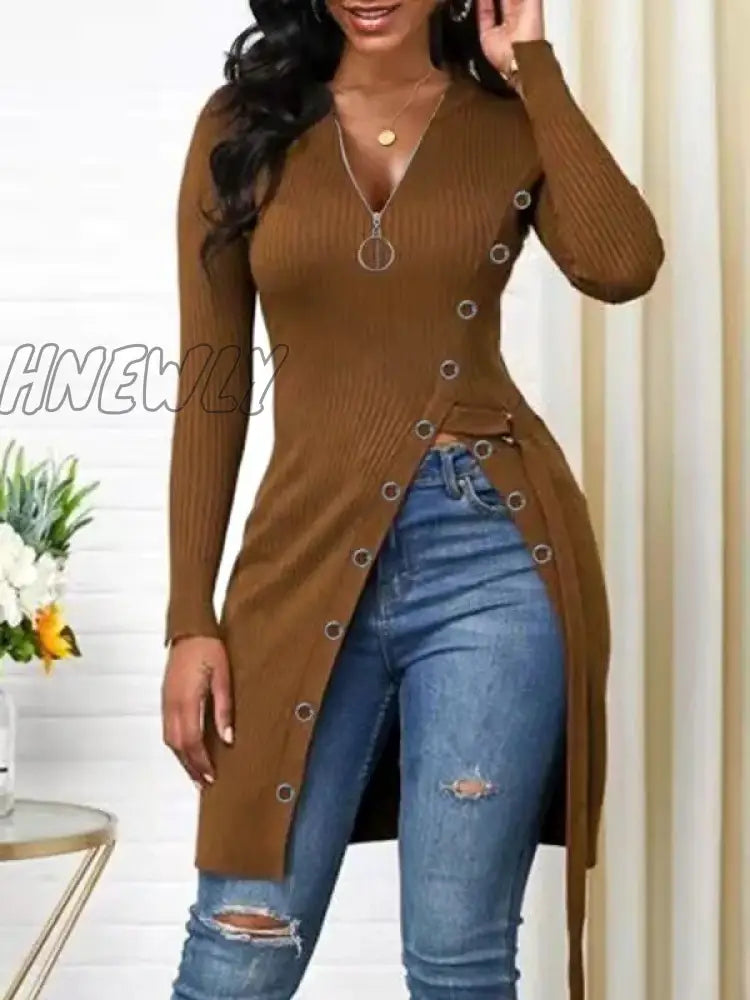 xsrrr Women Asymmetrical Long Thread Knitted T-shirts Casual V Neck Zip Long Sleeve Side Split Slim Tee Tops Streetwear