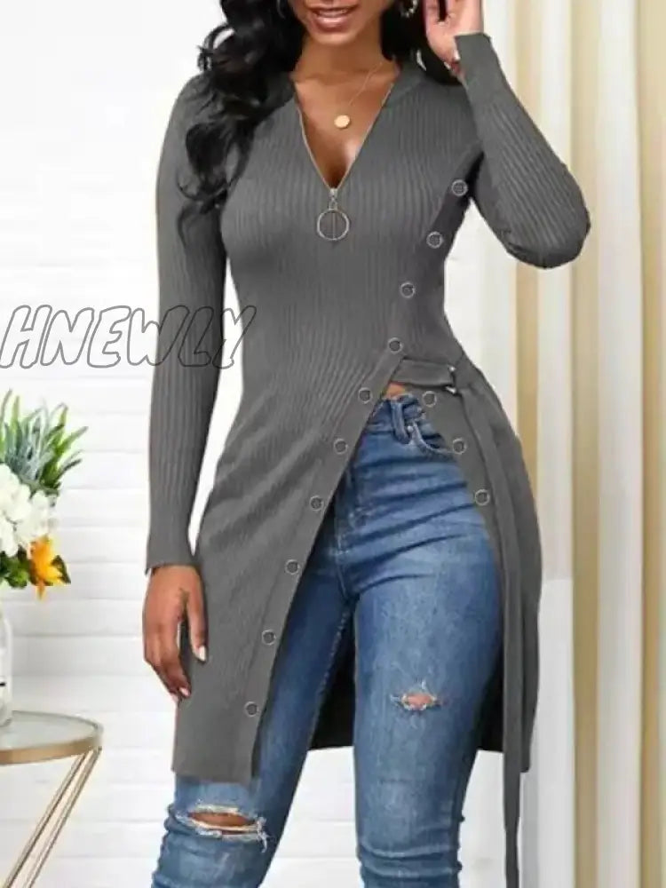 xsrrr Women Asymmetrical Long Thread Knitted T-shirts Casual V Neck Zip Long Sleeve Side Split Slim Tee Tops Streetwear