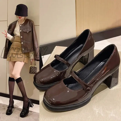 Hnewly Women Autumn New Black PU Leather Mary Jane Pumps Buckle Square Toe Shoes Female Med Thick Heels Single Shoe Zapatos De Mujer