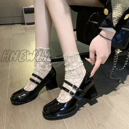 Hnewly Women Autumn New Black PU Leather Mary Jane Pumps Buckle Square Toe Shoes Female Med Thick Heels Single Shoe Zapatos De Mujer