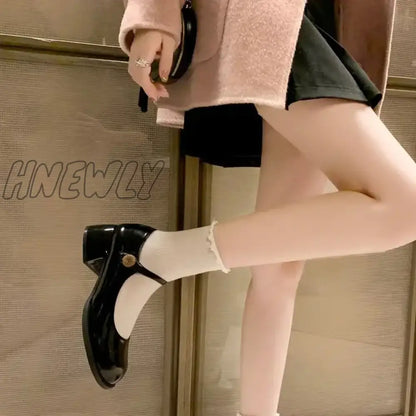 Hnewly Women Autumn New Black PU Leather Mary Jane Pumps Buckle Square Toe Shoes Female Med Thick Heels Single Shoe Zapatos De Mujer