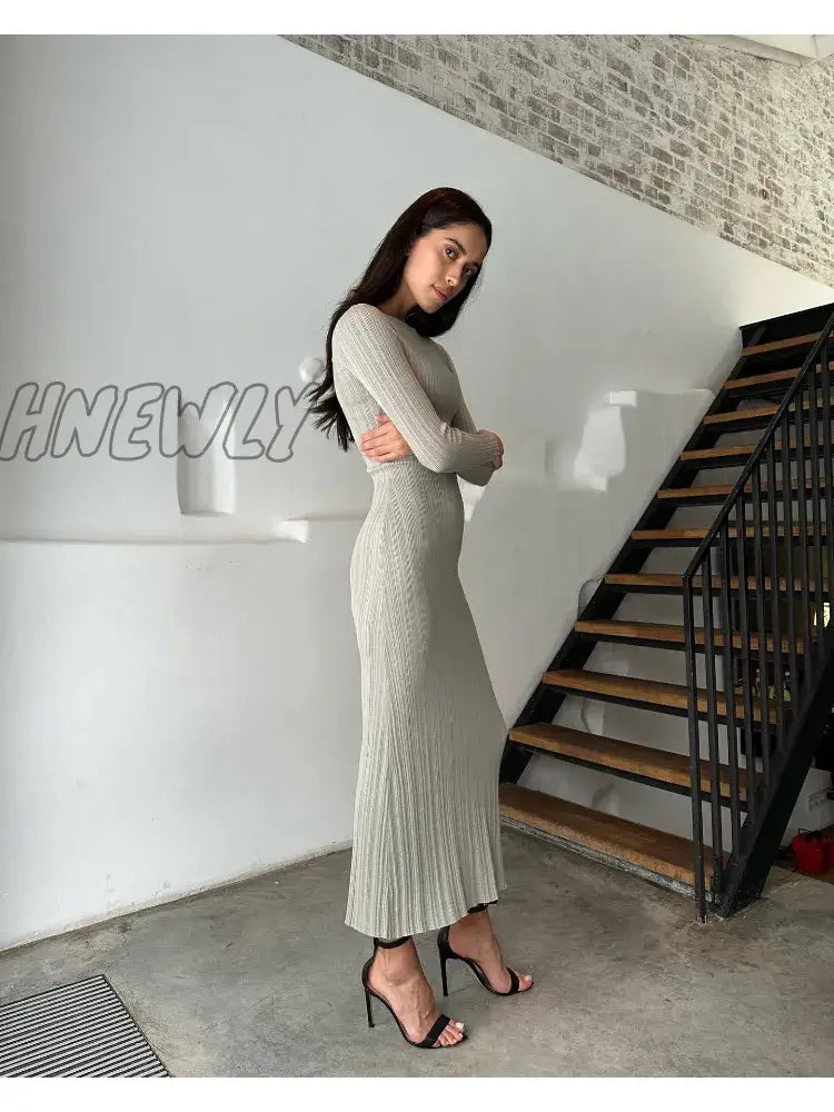 xsrrr Women Autumn Winter Solid Maxi Long Sweater Dress Elegant Casual Fashion Pullover Bodycon Slim Streetwear Knitted Dress 2024 New