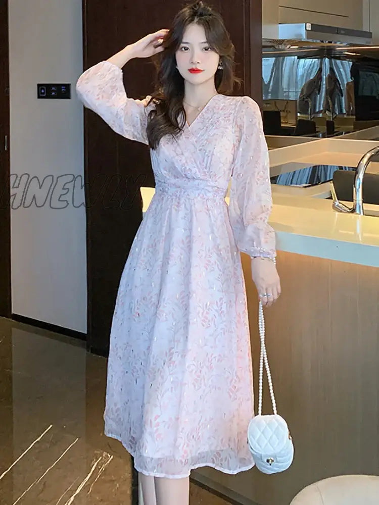 xsrrr Women Boho Pink Print Casual Beach Long Dress Spring Autumn Elegant Chic Holiday Vestidos Korean Fashion Luxury Night Dress