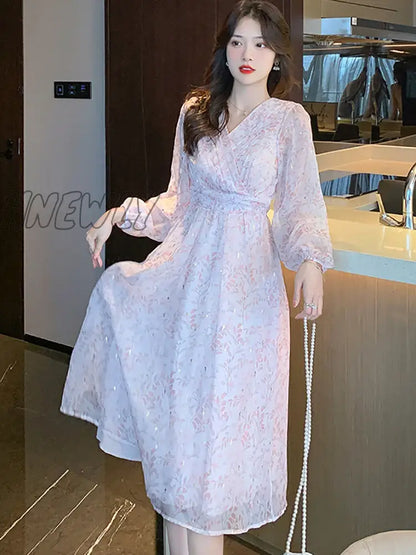 xsrrr Women Boho Pink Print Casual Beach Long Dress Spring Autumn Elegant Chic Holiday Vestidos Korean Fashion Luxury Night Dress