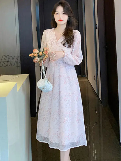 xsrrr Women Boho Pink Print Casual Beach Long Dress Spring Autumn Elegant Chic Holiday Vestidos Korean Fashion Luxury Night Dress