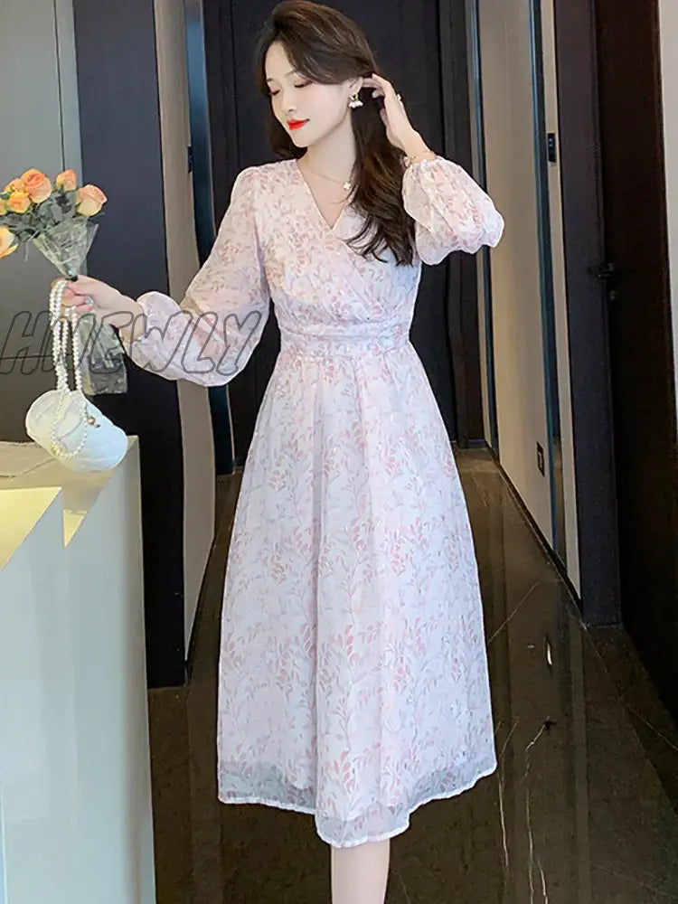 xsrrr Women Boho Pink Print Casual Beach Long Dress Spring Autumn Elegant Chic Holiday Vestidos Korean Fashion Luxury Night Dress