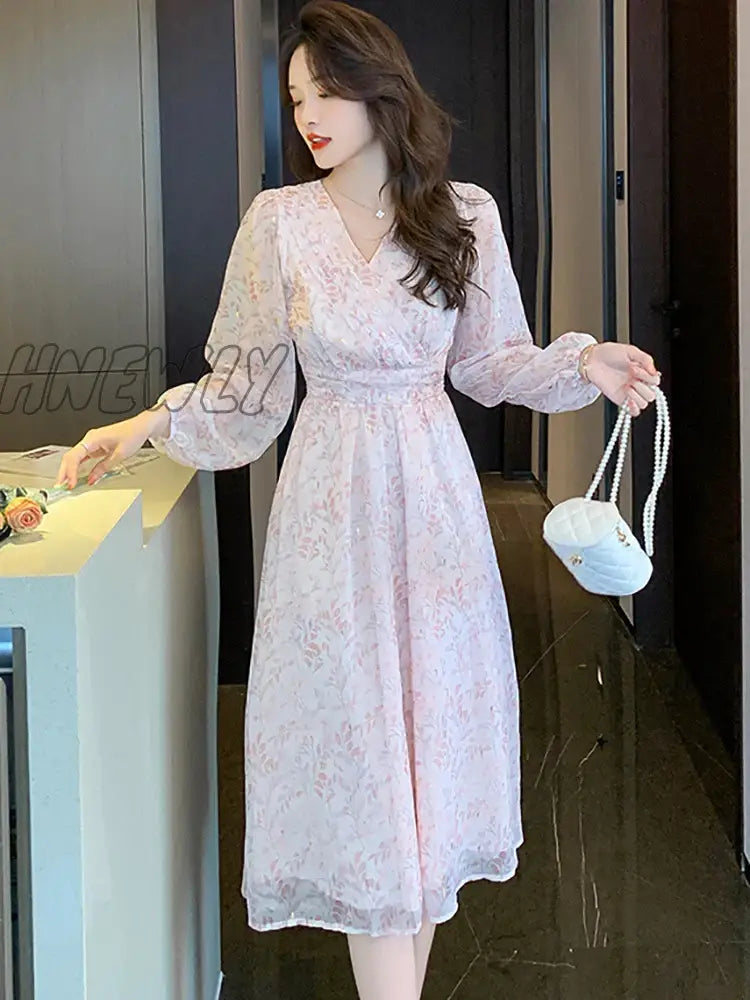 xsrrr Women Boho Pink Print Casual Beach Long Dress Spring Autumn Elegant Chic Holiday Vestidos Korean Fashion Luxury Night Dress