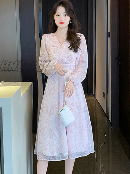 xsrrr Women Boho Pink Print Casual Beach Long Dress Spring Autumn Elegant Chic Holiday Vestidos Korean Fashion Luxury Night Dress