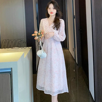 xsrrr Women Boho Pink Print Casual Beach Long Dress Spring Autumn Elegant Chic Holiday Vestidos Korean Fashion Luxury Night Dress