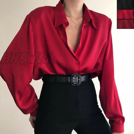 xsrrr Women Button Blouses Turn Down Collar Shirts Office Lady Long Sleeve Casual Blouse Loose OL Shirt Baggy Tops Red/Wine Red /Black