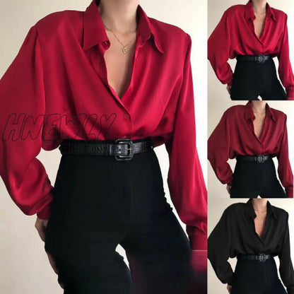 xsrrr Women Button Blouses Turn Down Collar Shirts Office Lady Long Sleeve Casual Blouse Loose OL Shirt Baggy Tops Red/Wine Red /Black