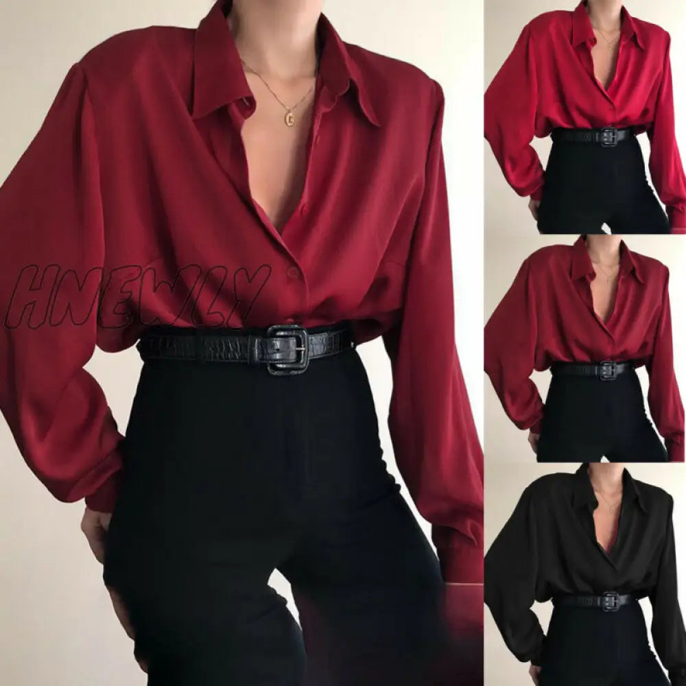 xsrrr Women Button Blouses Turn Down Collar Shirts Office Lady Long Sleeve Casual Blouse Loose OL Shirt Baggy Tops Red/Wine Red /Black