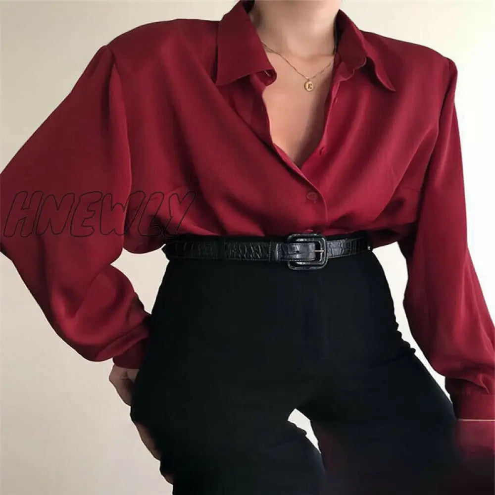 xsrrr Women Button Blouses Turn Down Collar Shirts Office Lady Long Sleeve Casual Blouse Loose OL Shirt Baggy Tops Red/Wine Red /Black