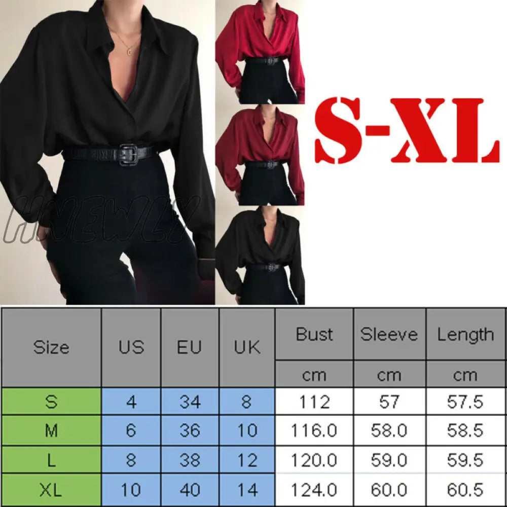 xsrrr Women Button Blouses Turn Down Collar Shirts Office Lady Long Sleeve Casual Blouse Loose OL Shirt Baggy Tops Red/Wine Red /Black