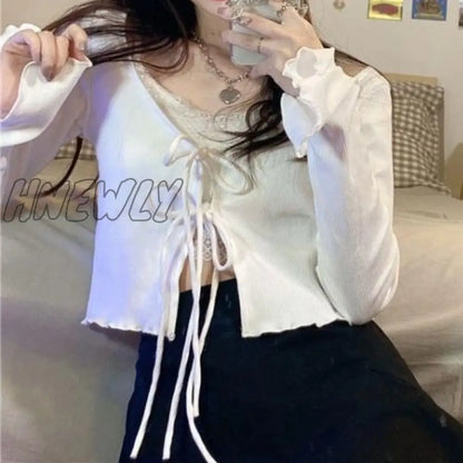 xsrrr Women Cardigans Solid Hot Slim Bandage Design Crop Tops Stylish Streetwear Teenagers All-match Sweet Lovely Knitted Basic