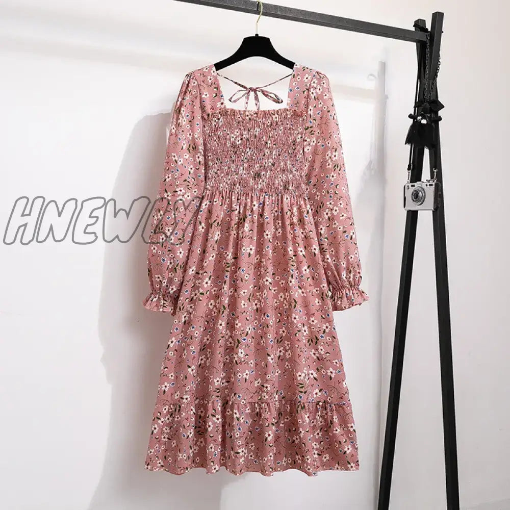 xsrrr Women Casual Chiffon Dresses Autumn Spring Fashion Female Long Sleeve Printed Floral Elastic Chest Thin A-line Midi Dresses