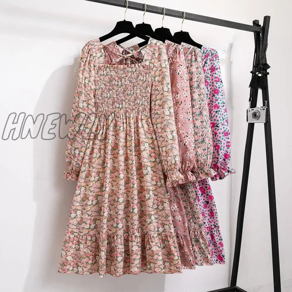 xsrrr Women Casual Chiffon Dresses Autumn Spring Fashion Female Long Sleeve Printed Floral Elastic Chest Thin A-line Midi Dresses