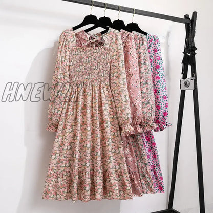 xsrrr Women Casual Chiffon Dresses Autumn Spring Fashion Female Long Sleeve Printed Floral Elastic Chest Thin A-line Midi Dresses